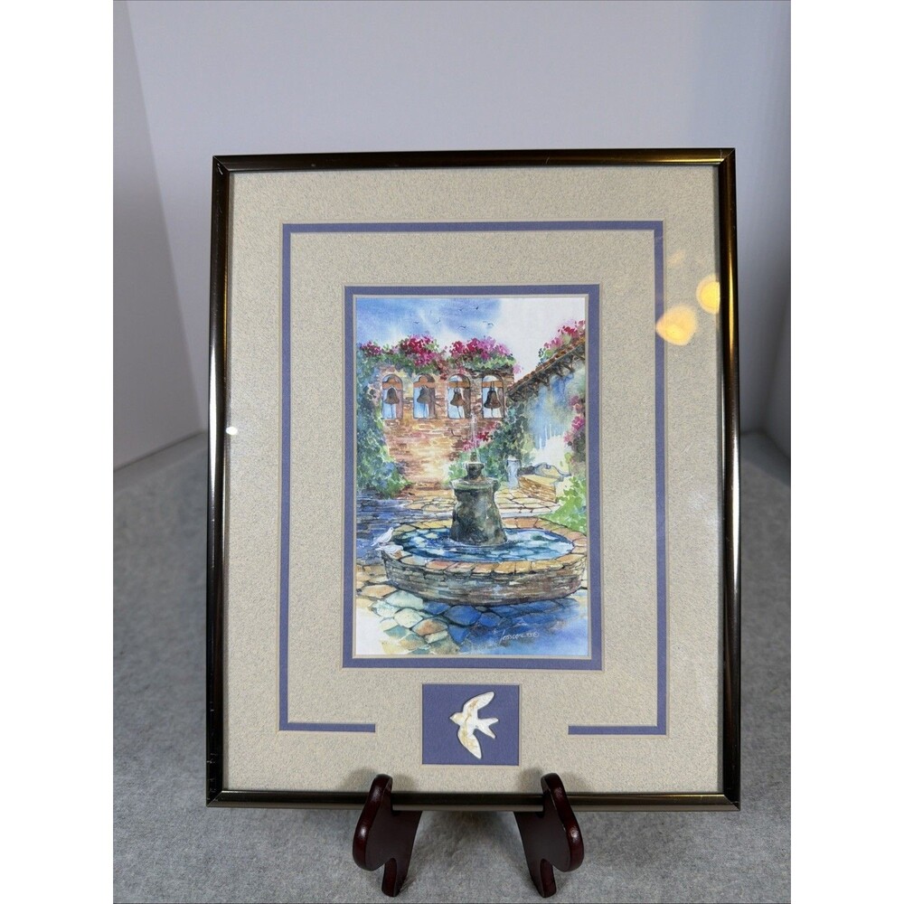 Framed Watercolor Painting Spanish Colonial Mission Courtyard Fountain Bell